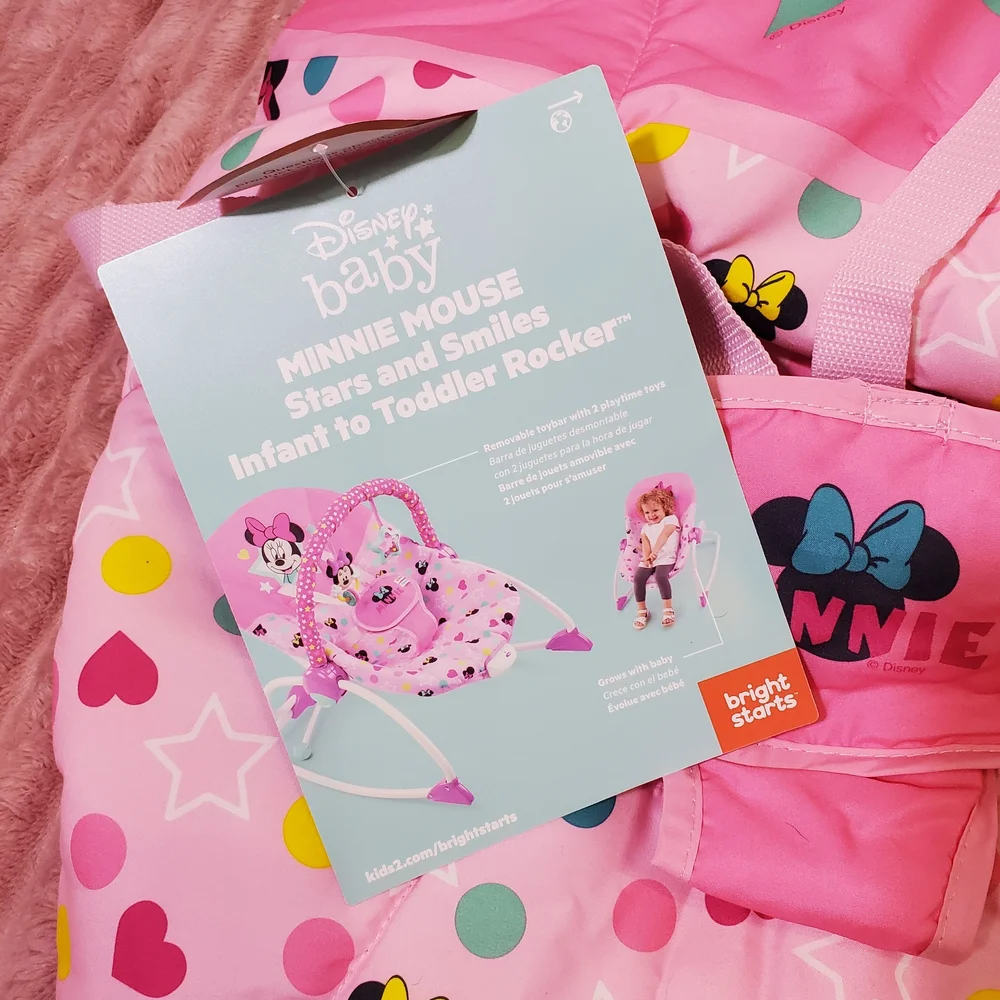 Disney Pink Minnie Mouse Stars & Smiles Infant Baby Toddler Bouncer Rocker Toy